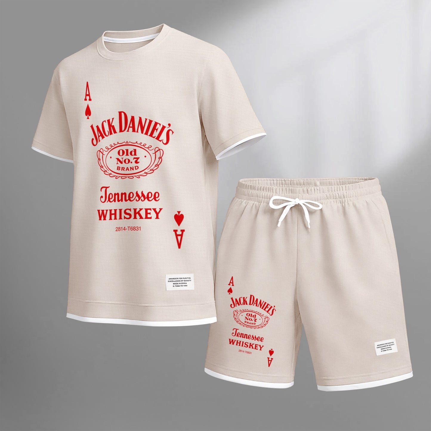 Men's Beer And Beverage Printed Drawstring Shorts Set, Suitable For Spring And Summer Wear, Casual Summer Set, Including Short-Sleeved Shirt And Shorts, Suitable For Everyday Wear And Sports 013