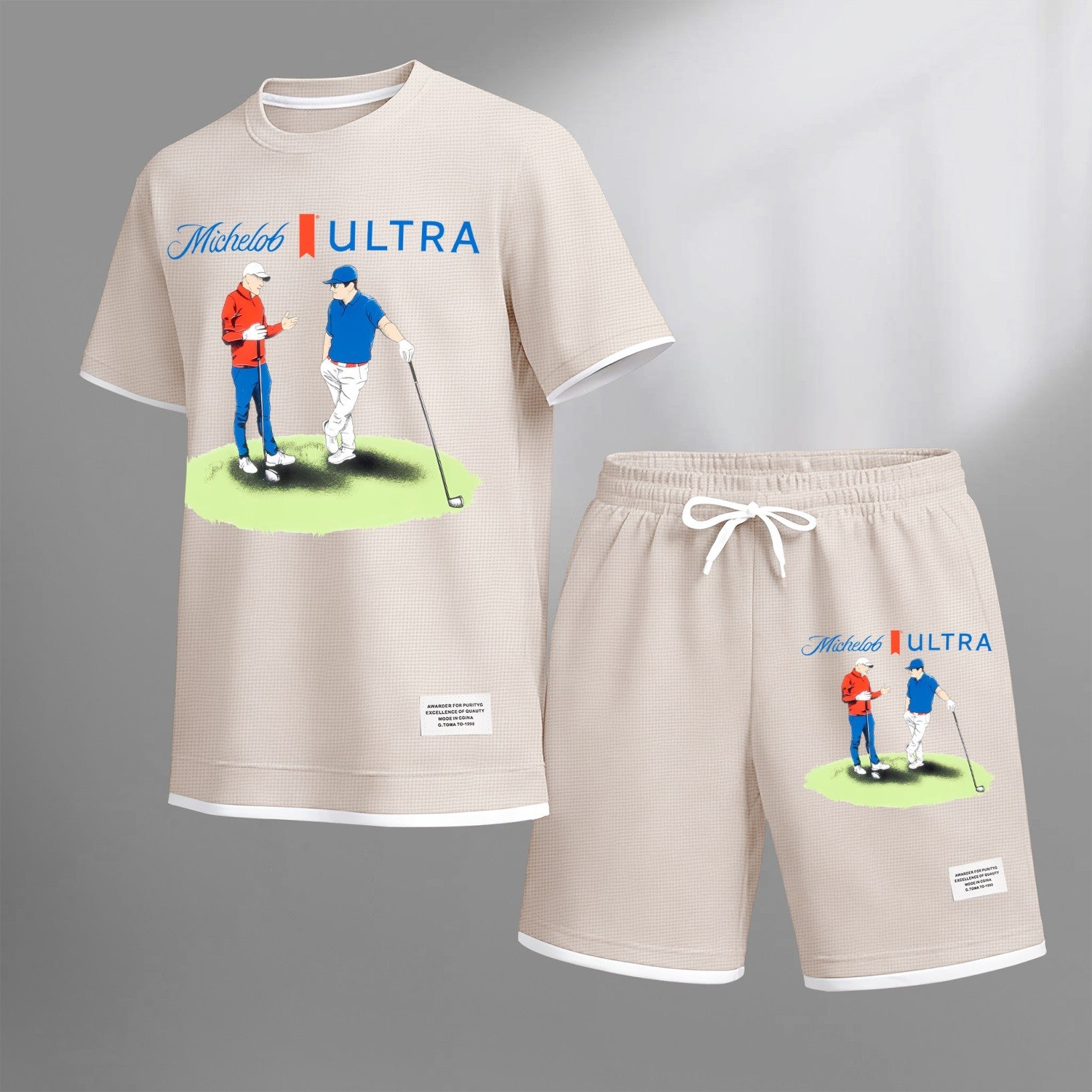 Men's vintage beverage print drawstring shorts set, suitable for spring and summer wear. This casual summer set includes a short-sleeved shirt and shorts, perfect for everyday wear and sports. Two-piece set design.