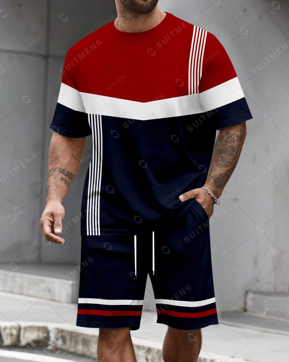 Men's Summer Colorblock Printed Round Neck Set 480