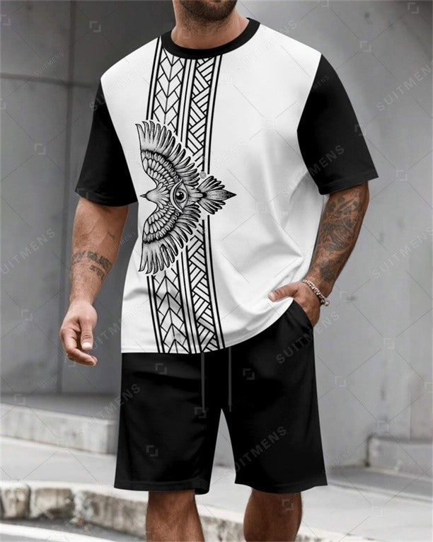 Men's Summer Retro Printed Round Neck Set 822