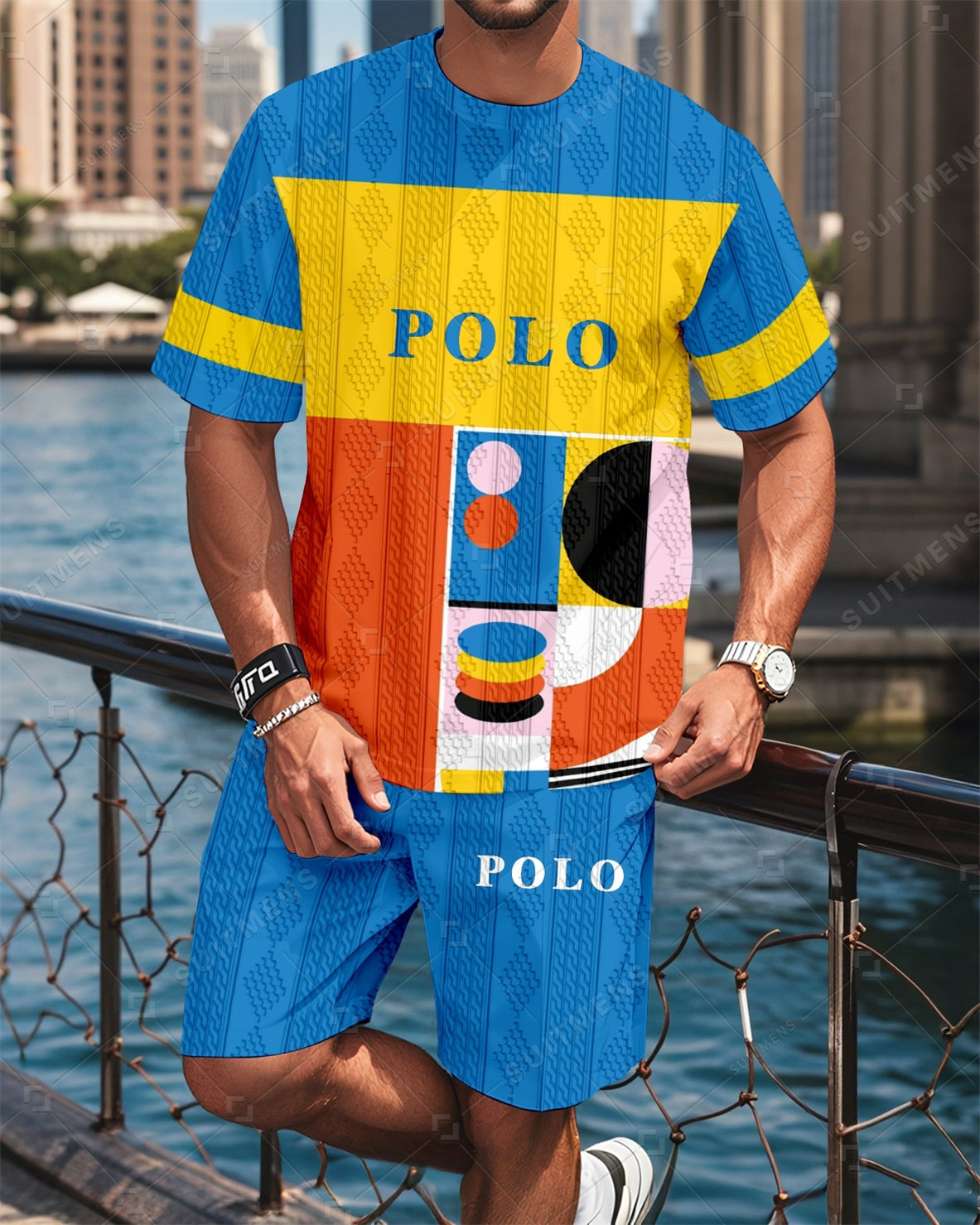 Men's Colorblock Round Neck Jacquard Texture Print Shorts Set  0014
