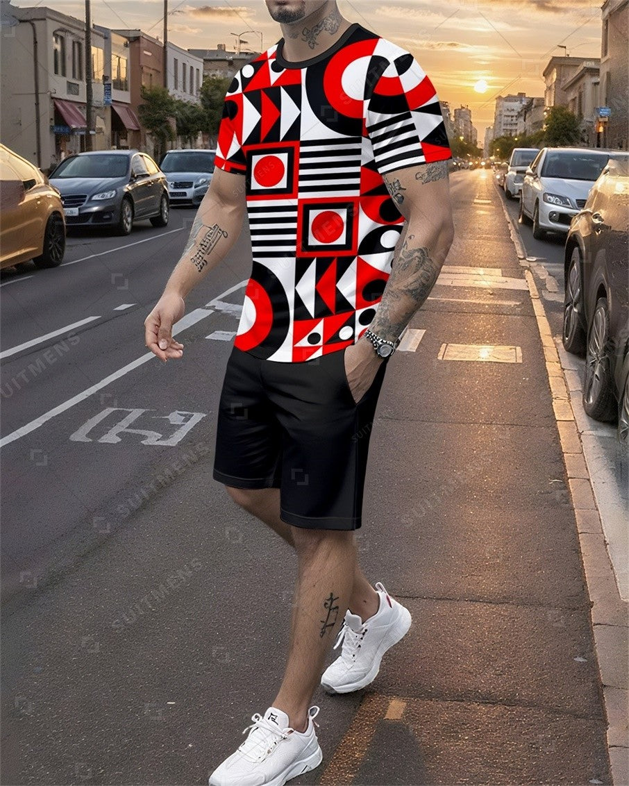 Men's Summer Colorblock Printed Round Neck Set 801