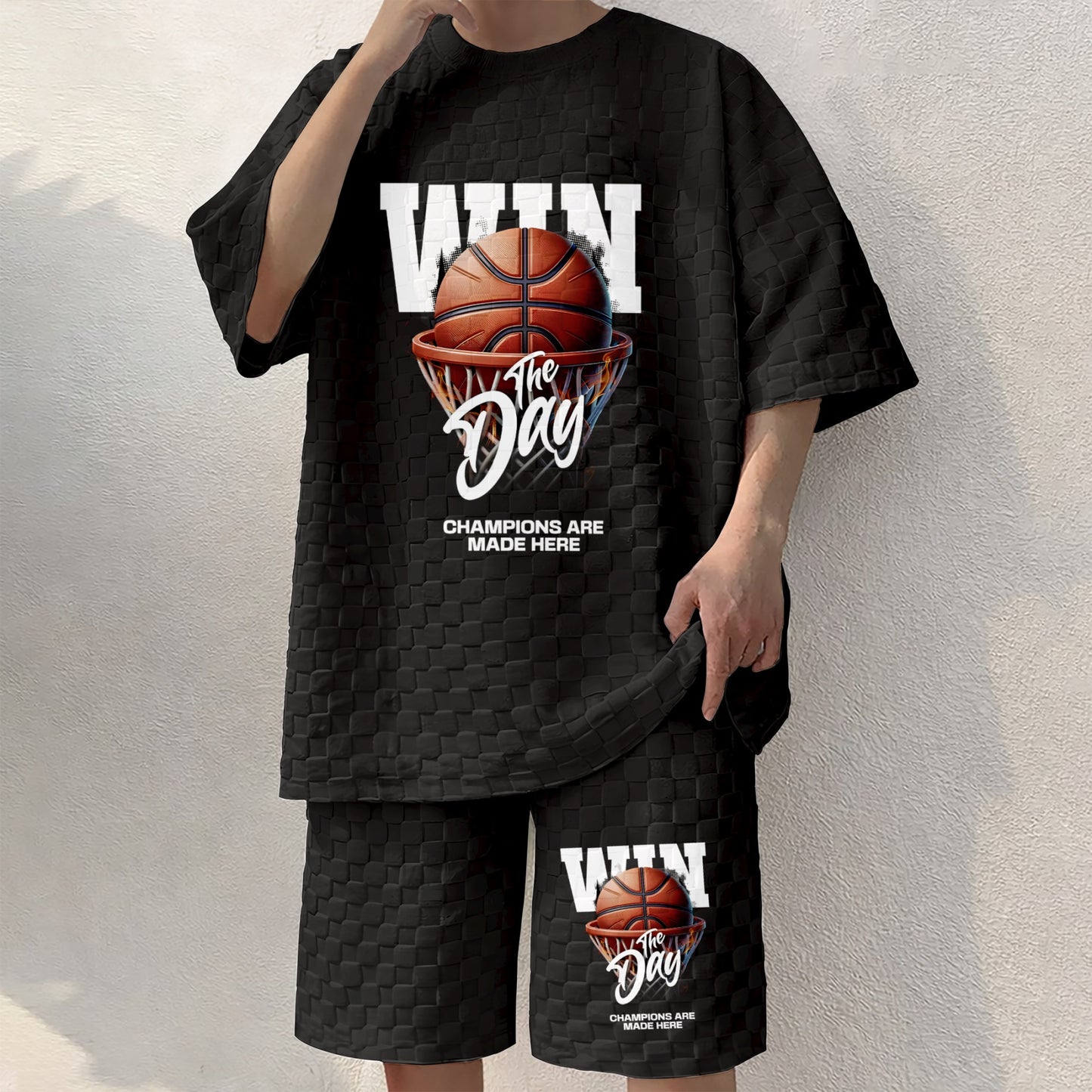 Men's Basketball Graphic Print Spring And Summer Drawstring Shorts Set, A Casual Summer Outfit, Including A Short-Sleeved Shirt And Shorts, Suitable For Everyday Wear And Sports Activities.