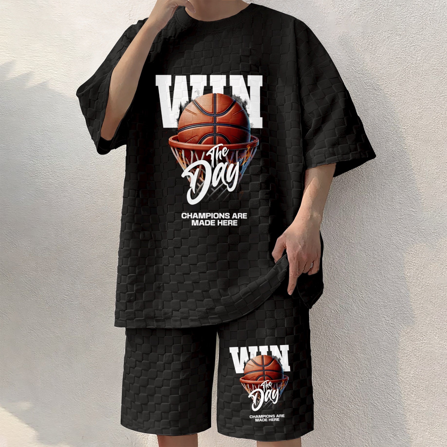 Men's Basketball Graphic Print Spring And Summer Drawstring Shorts Set, A Casual Summer Outfit, Including A Short-Sleeved Shirt And Shorts, Suitable For Everyday Wear And Sports Activities.