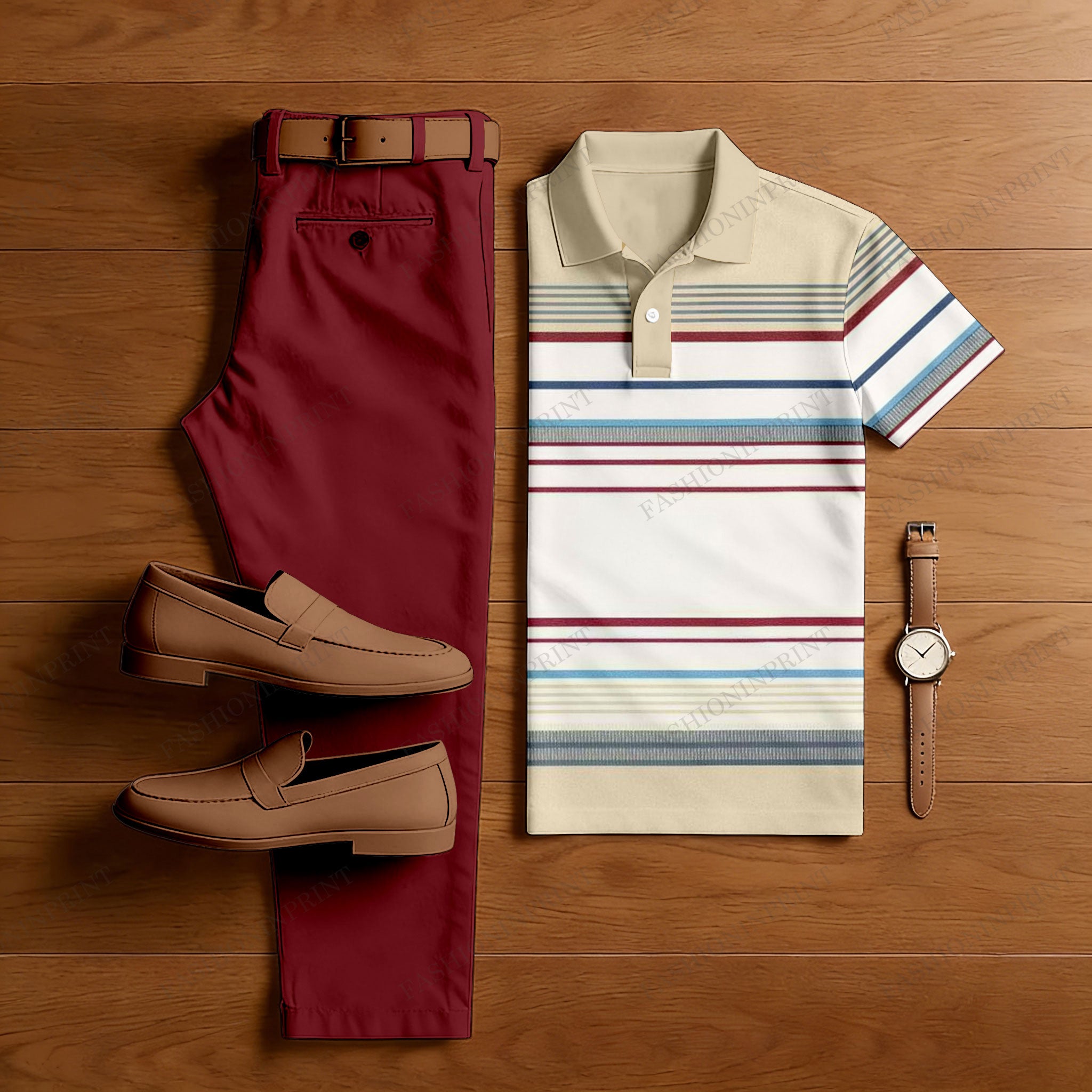 Men's Casual Apricot Stripes Printed Polo Shirt And Pants Two-Piece Set