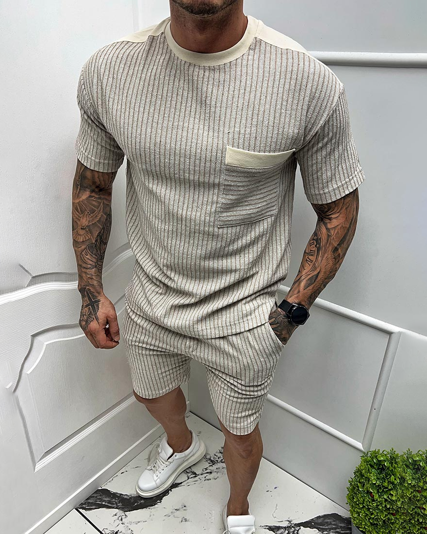 Men's Beige Striped Short Sleeve Suit