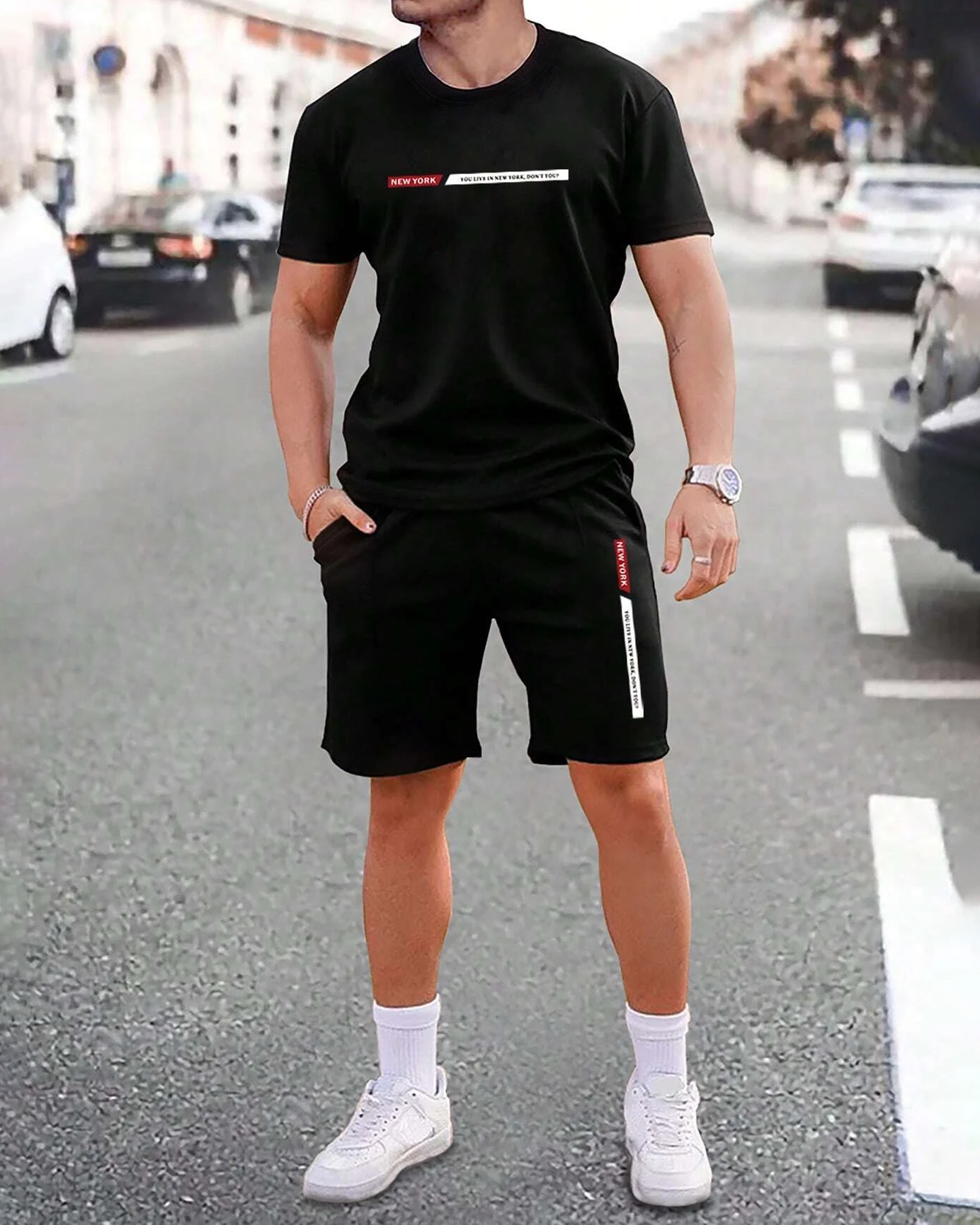Manfinity Homme Men Letter Graphic Tee & Drawstring Waist Shorts Set