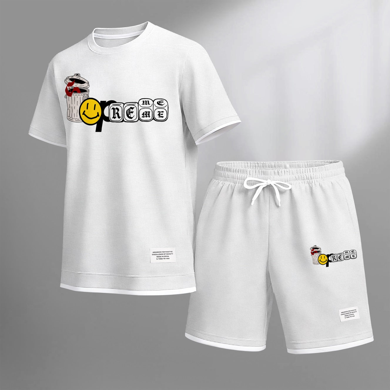 Men's Graffiti Collage Design Print Waffle Fabric Short-Sleeved Shirt And Shorts Set