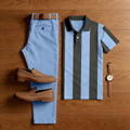 Men's Casual Light Blue & Gray Striped Printed Shirt-Sleeved Shirt And Shorts Two-Piece Set