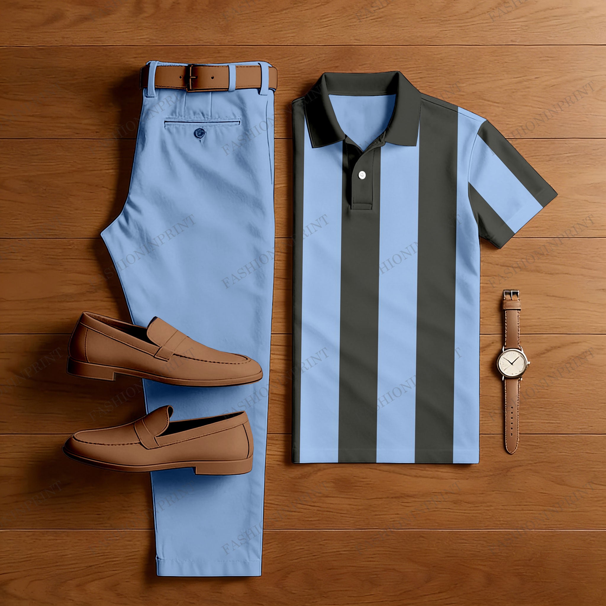 Men's Casual Light Blue & Gray Striped Printed Shirt-Sleeved Shirt And Shorts Two-Piece Set