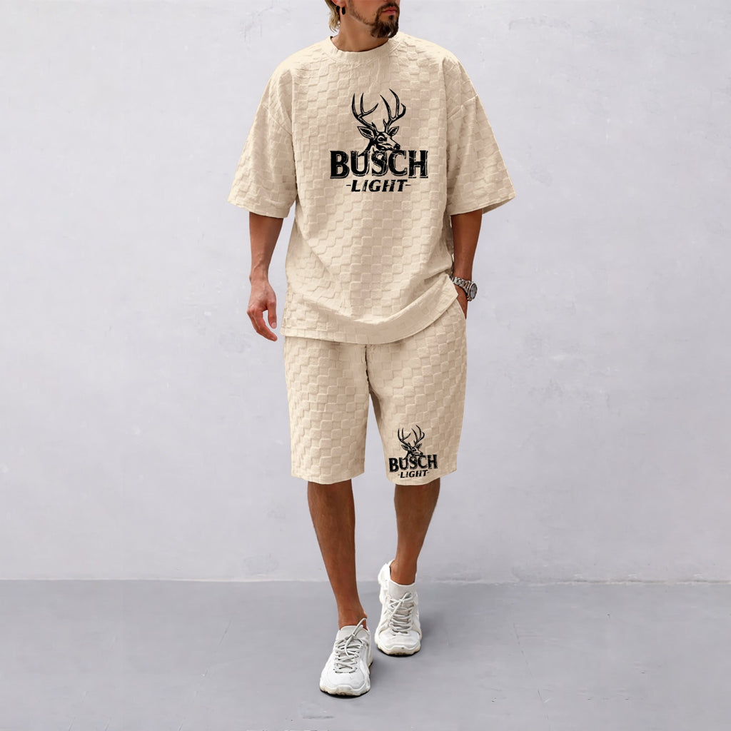 Men's Spring And Summer Light Beer Print With Red And Black Line Checkered Fabric Drawstring Shorts Set, Casual Summer Outfit With Short-Sleeved Shirt And Shorts, Ideal For Everyday Wear And Sports Activities