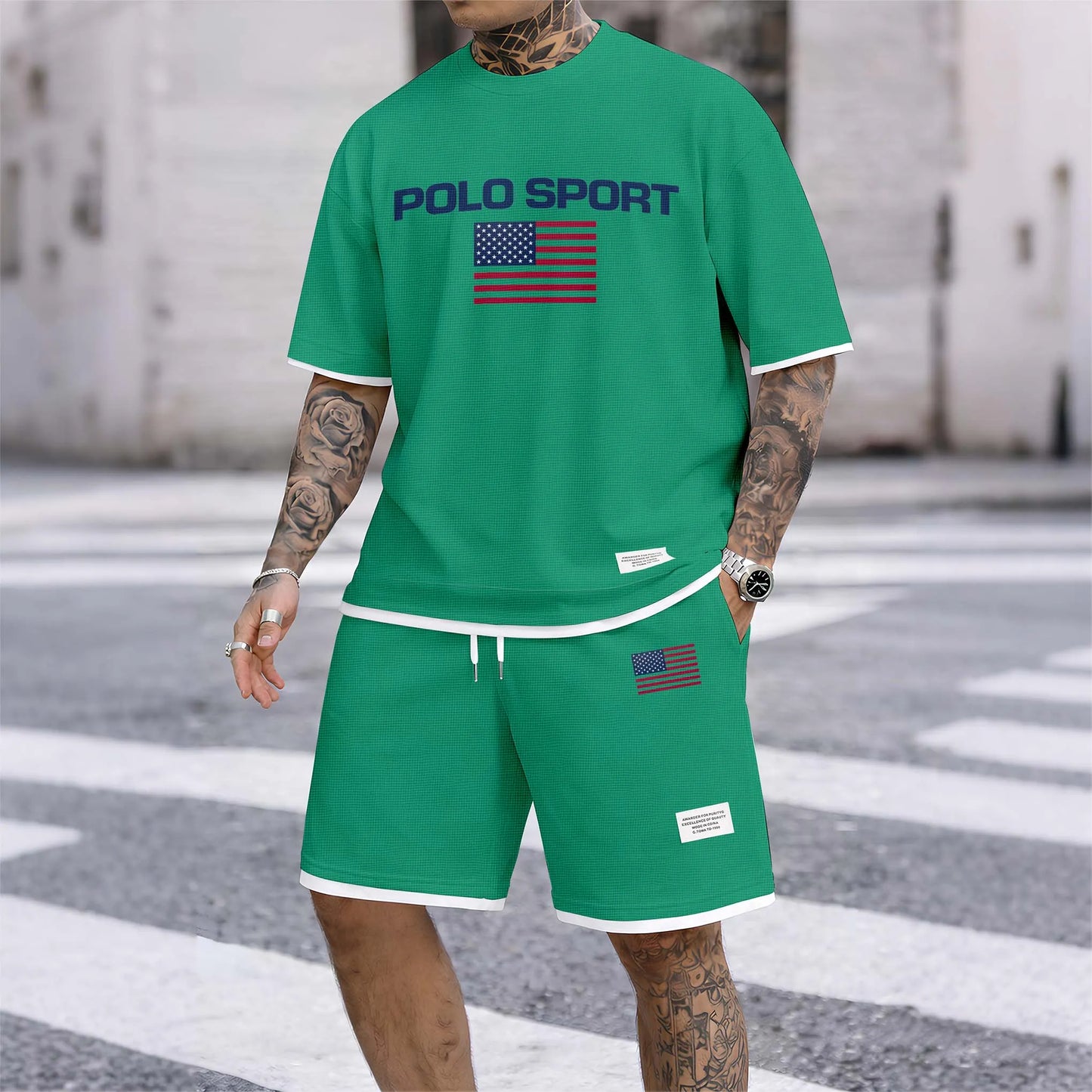 Men's Usa Polo Sport Print Drawstring Shorts Set For Spring/Summer. A Casual Summer Outfit, Including A Short-Sleeved Shirt And Shorts, Suitable For Everyday Wear And Sports. A Two-Piece Set For A Relaxed And Energetic Lifestyle.