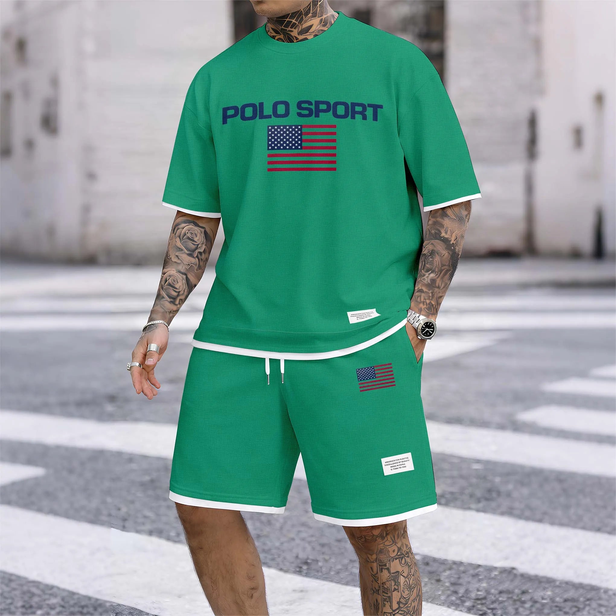 Men's Usa Polo Sport Print Drawstring Shorts Set For Spring/Summer. A Casual Summer Outfit, Including A Short-Sleeved Shirt And Shorts, Suitable For Everyday Wear And Sports. A Two-Piece Set For A Relaxed And Energetic Lifestyle.