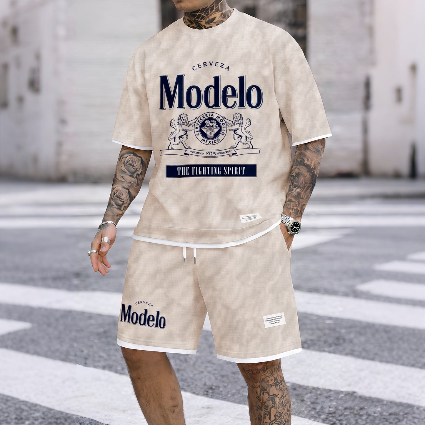 Men's Beer Print Drawstring Shorts Set, Suitable For Spring And Summer Wear, Casual Summer Set, Including Short-Sleeved Shirt And Shorts, Suitable For Everyday Wear And Sports 02