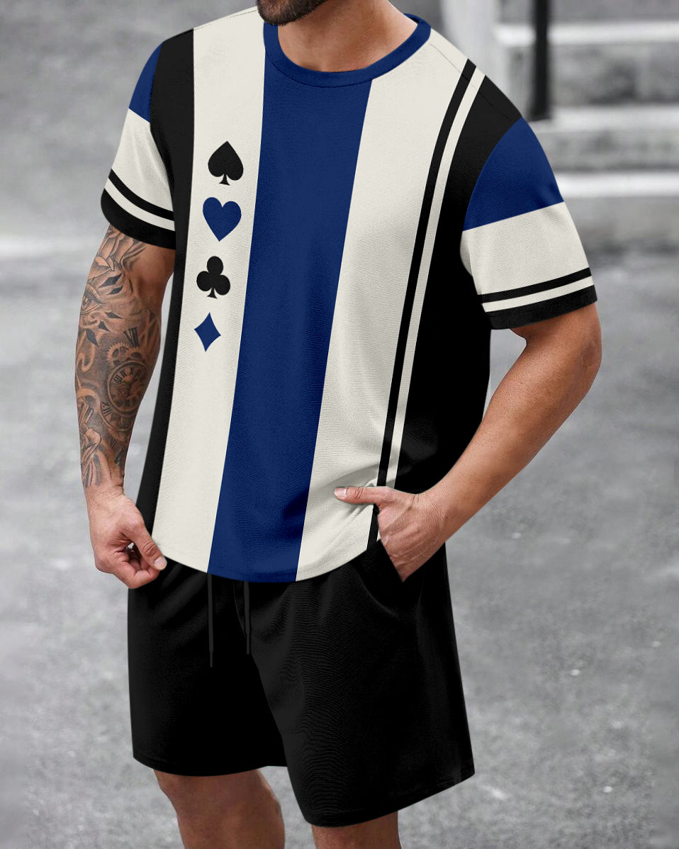 Men's Summer Colorblock Printed Round Neck Set 474