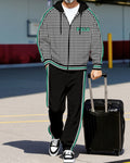 Men's Retro Luxury Thickened Fleece Colorblock Jacket Sports Hoodie Set 07