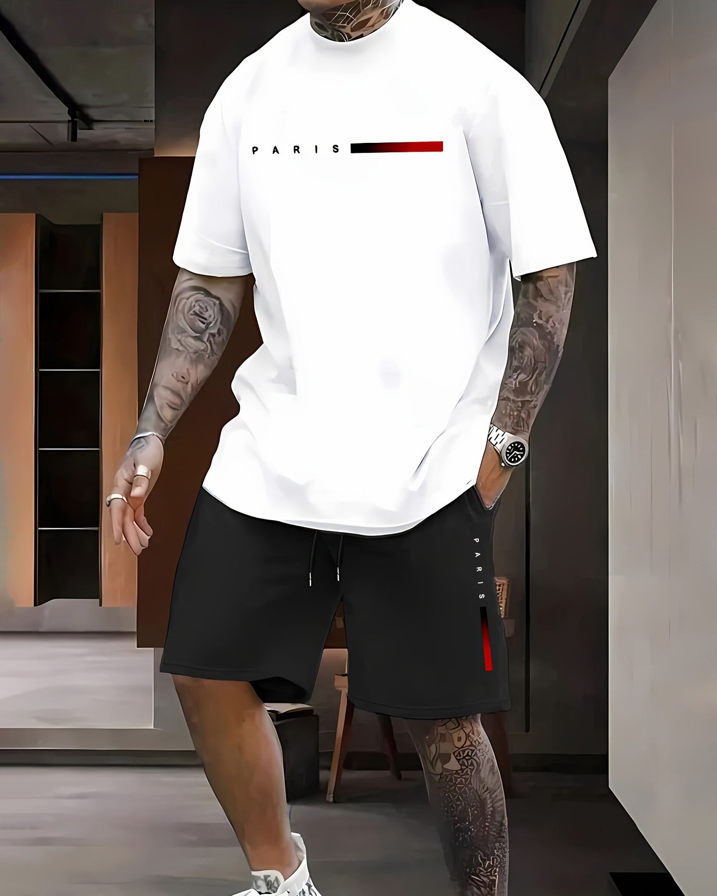 Men's Paris Print Summer Crew Neck Set