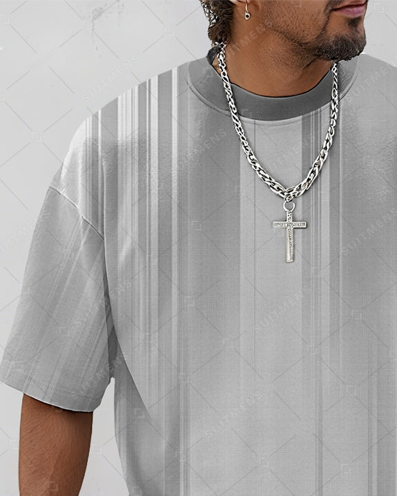 Men's Summer Colorblock Printed Round Neck Suit 086