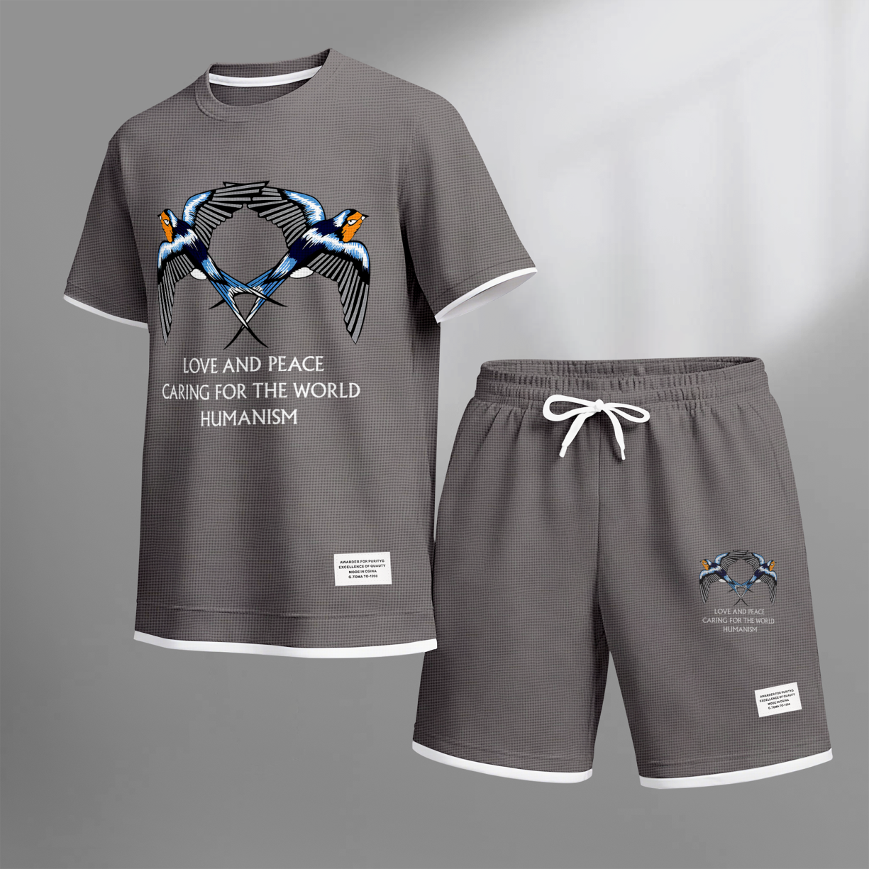 Men's Casual Style Peace Dove Print Waffle Fabric Short-Sleeved Shirt And Shorts Set