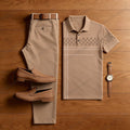 Men's Casual Brown Printed Polo Shirt And Pants Two-Piece Set