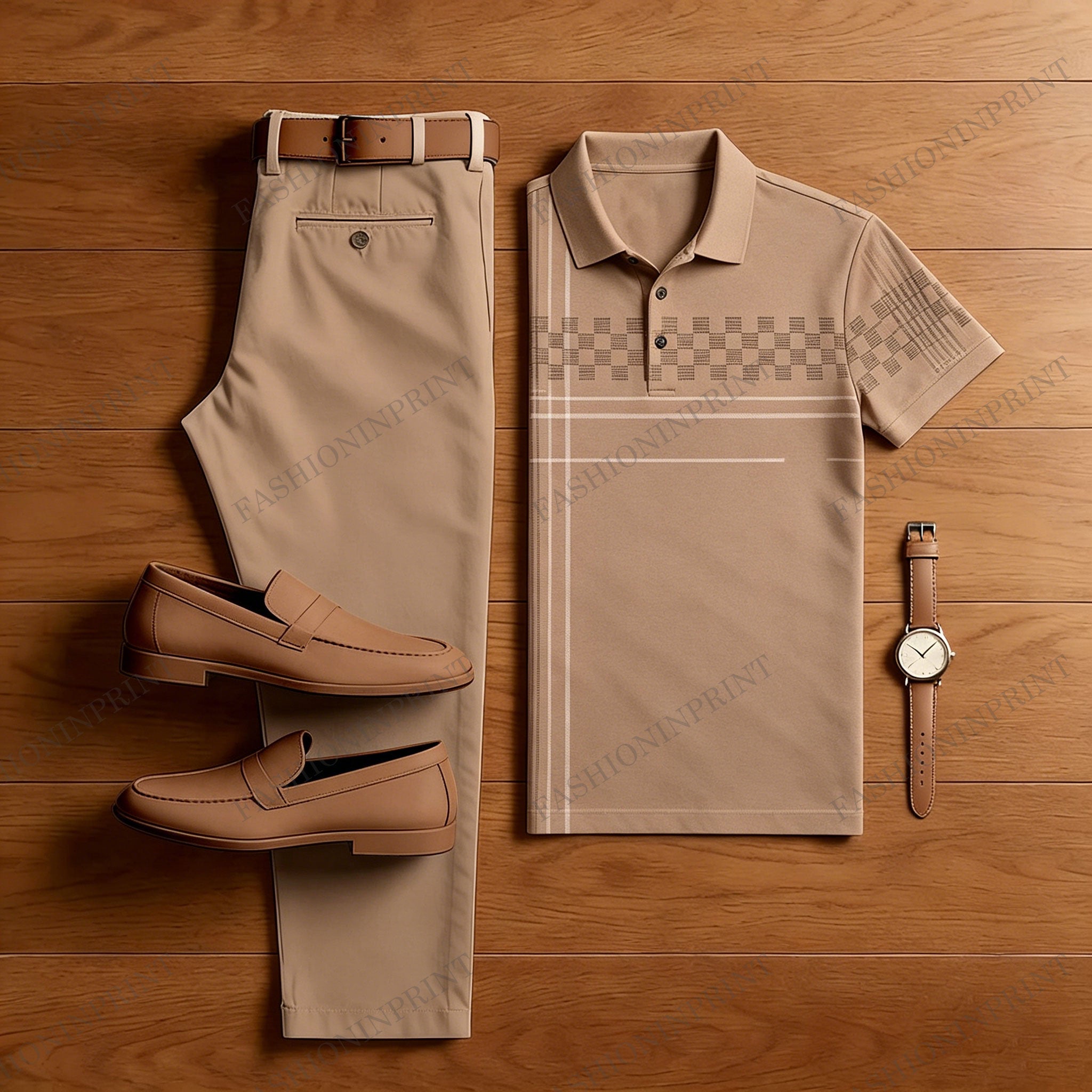 Men's Casual Brown Printed Polo Shirt And Pants Two-Piece Set