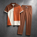 Men's Casual Brown Orange Geometric Print Crew Neck Short-Sleeve Shirt & Long Pants Set With Zipper Detail