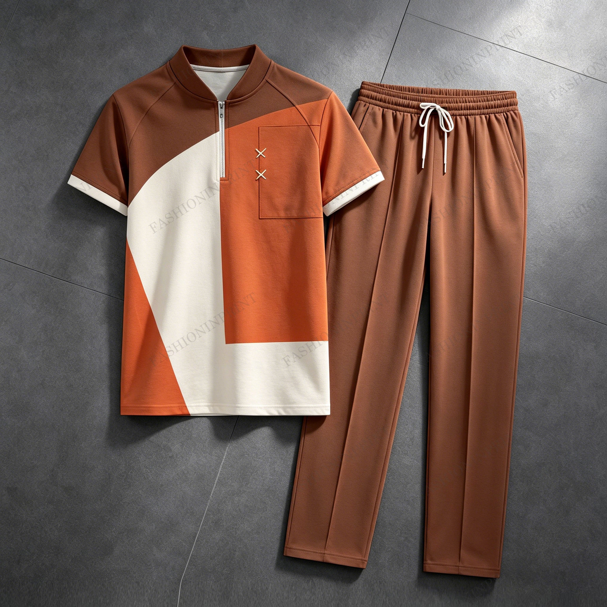 Men's Casual Brown Orange Geometric Print Crew Neck Short-Sleeve Shirt & Long Pants Set With Zipper Detail