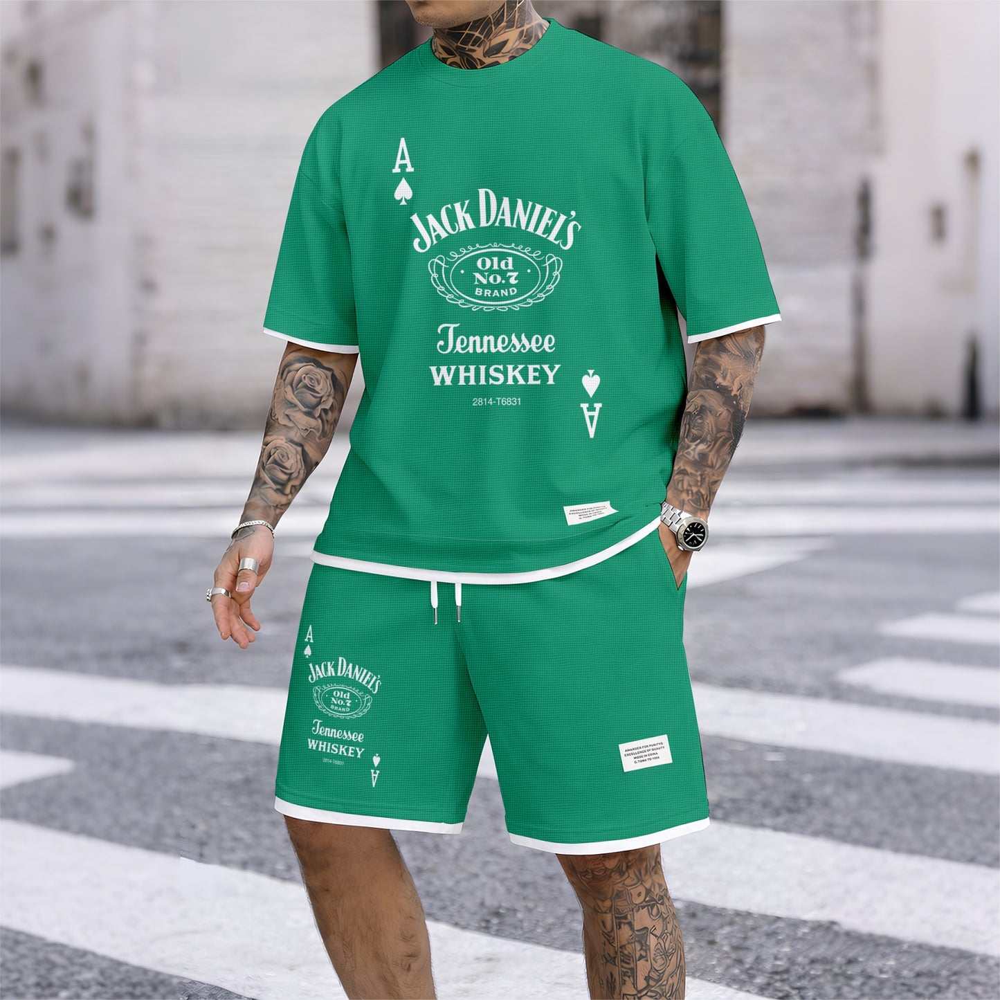 Men's Beer And Beverage Printed Drawstring Shorts Set, Suitable For Spring And Summer Wear, Casual Summer Set, Including Short-Sleeved Shirt And Shorts, Suitable For Everyday Wear And Sports 013