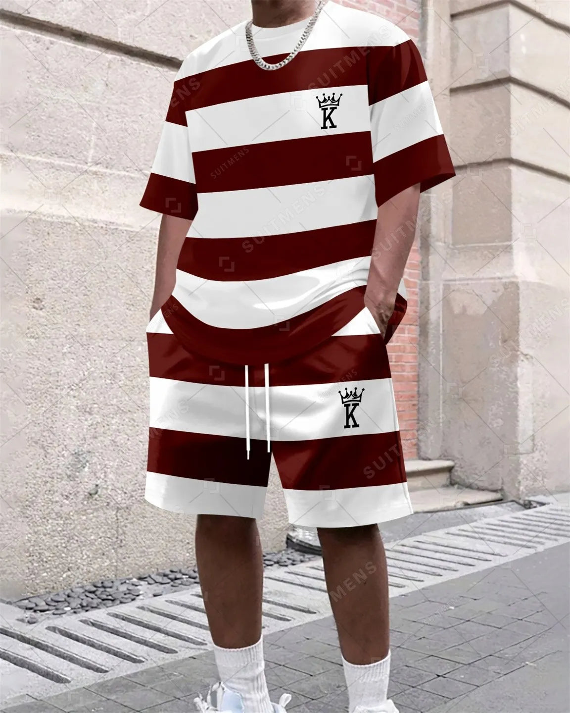 Men's Summer Colorblock Printed Round Neck Set 385
