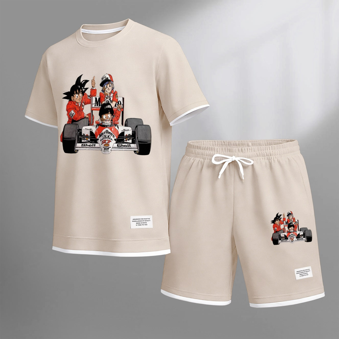Men's Anime Racing Print Waffle Fabric Short-Sleeved Shirt And Shorts Set