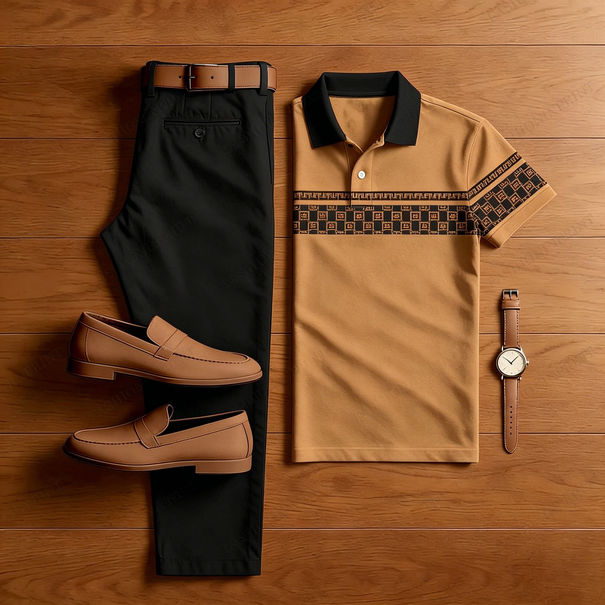 Men's Casual Brown Plaid Printed Polo Shirt And Pants Two-Piece Set 204354