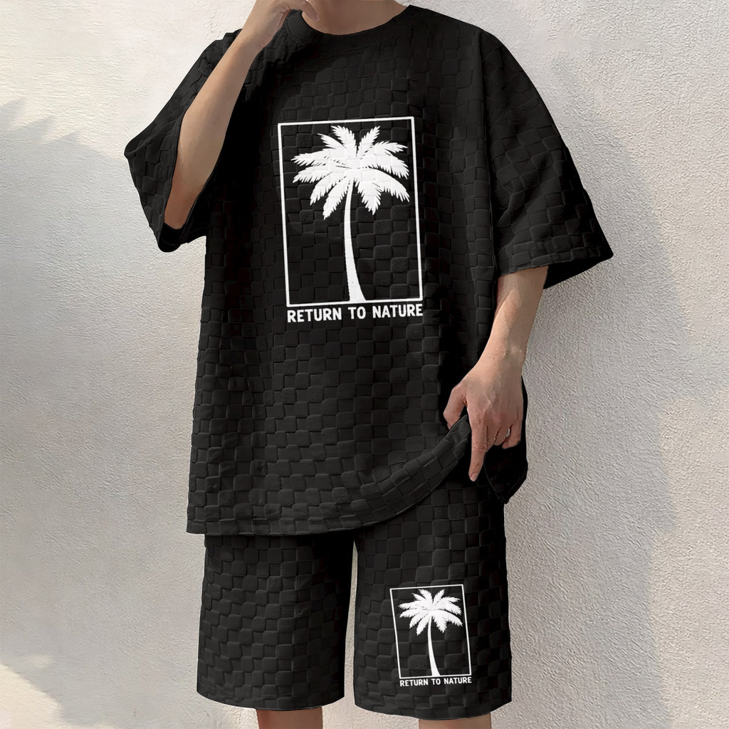 Men's Palm Print Spring And Summer Drawstring Shorts Set, A Casual Summer Outfit, Including A Short-Sleeved Shirt And Shorts, Suitable For Everyday Wear And Sports Activities.