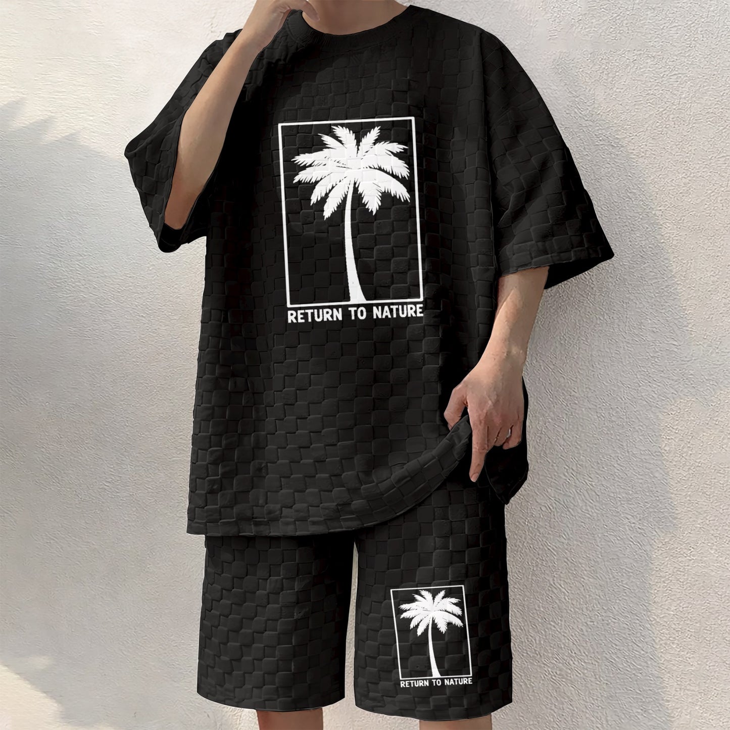 Men's Palm Print Spring And Summer Drawstring Shorts Set, A Casual Summer Outfit, Including A Short-Sleeved Shirt And Shorts, Suitable For Everyday Wear And Sports Activities.