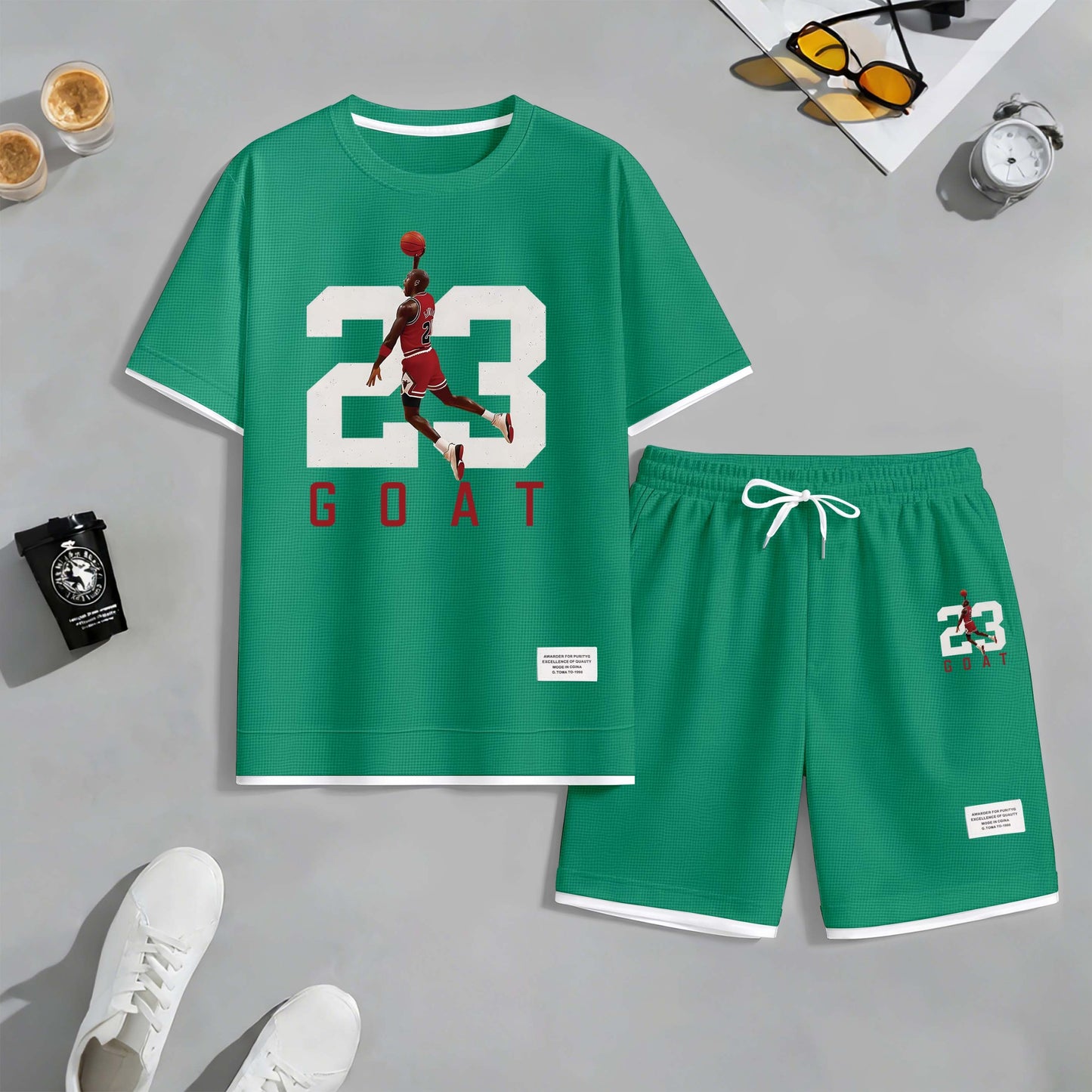 Men's Basketball 23 Print Drawstring Shorts Set For Spring/Summer. A Casual Summer Outfit, Including A Short-Sleeved Shirt And Shorts, Suitable For Everyday Wear And Sports. A Two-Piece Set For A Relaxed And Energetic Lifestyle.