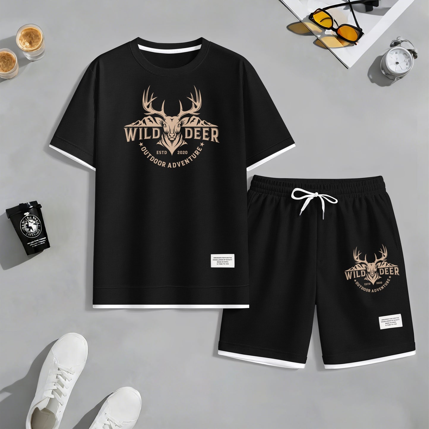 Men's Wild Deer Graphic Print Waffle Short Sleeve T-Shirt & Shorts Set, Summer Lightweight Outdoor Adventure Sporty Casual Two-Piece Outfit, Streetwear for Gym & Daily Wear