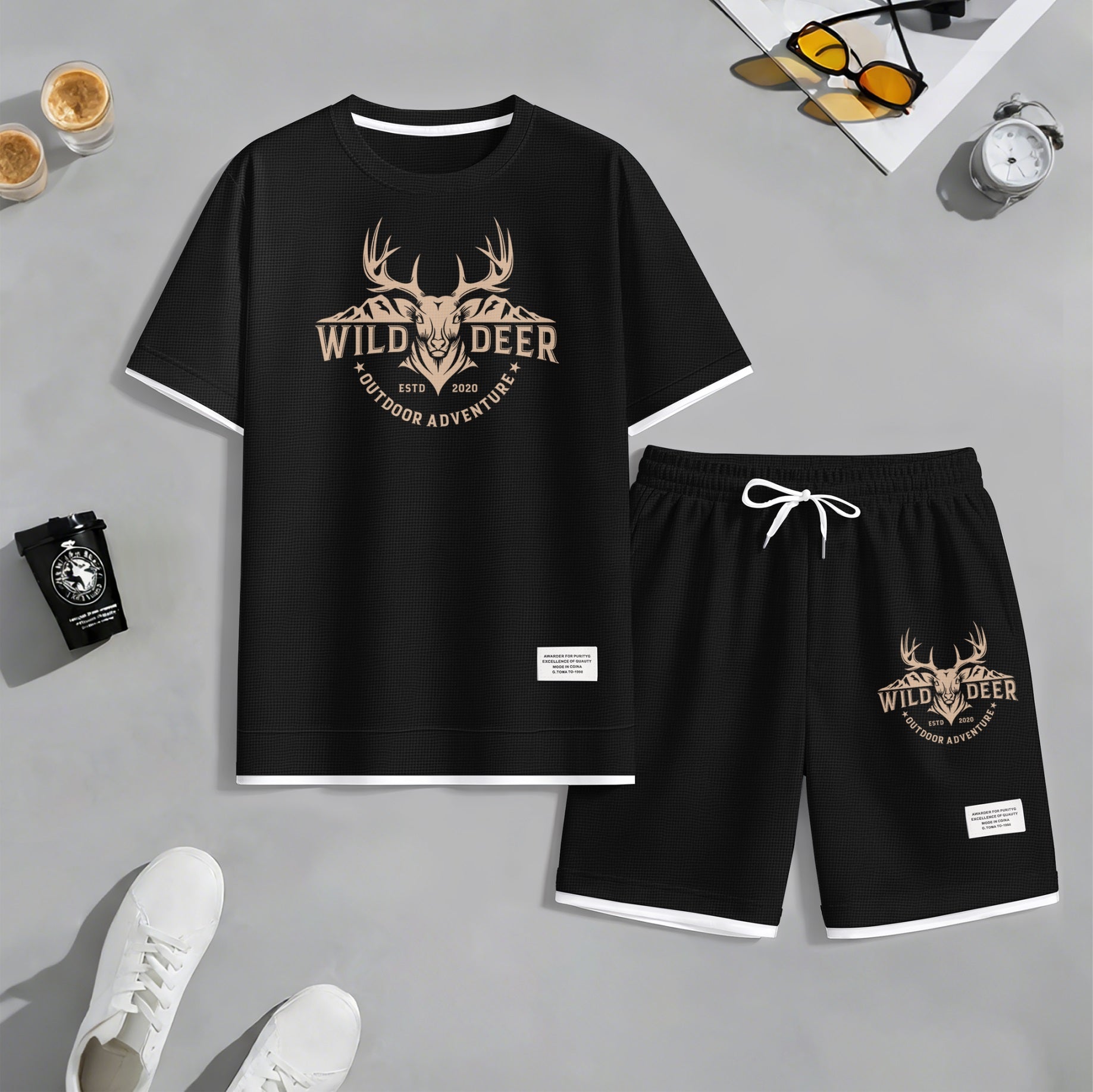 Men's Wild Deer Graphic Print Waffle Short Sleeve T-Shirt & Shorts Set, Summer Lightweight Outdoor Adventure Sporty Casual Two-Piece Outfit, Streetwear for Gym & Daily Wear