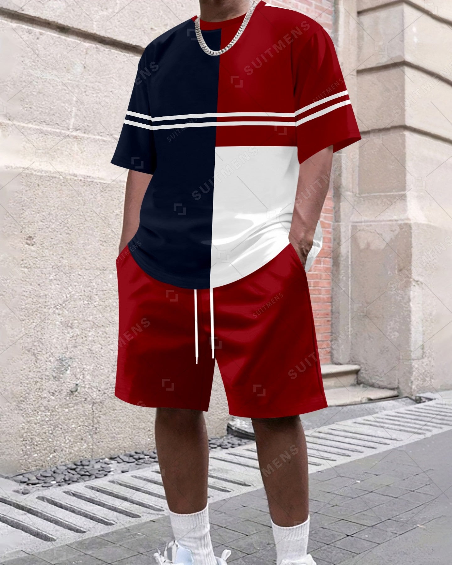 Men's Summer Colorblock Printed Round Neck Set 417