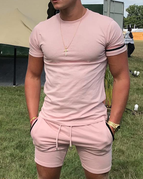Men's pink casual short-sleeved two-piece suit