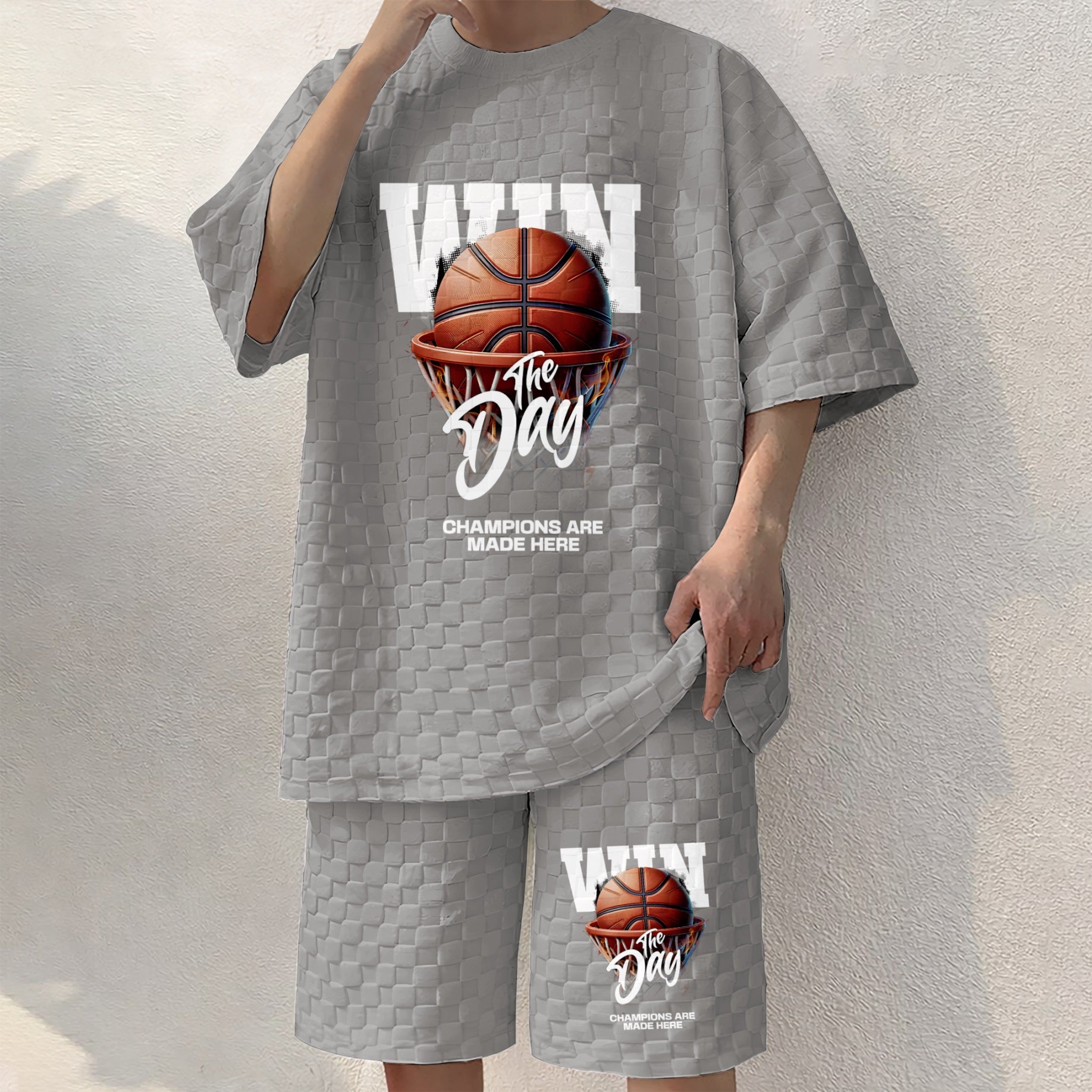 Men's Basketball Graphic Print Spring And Summer Drawstring Shorts Set, A Casual Summer Outfit, Including A Short-Sleeved Shirt And Shorts, Suitable For Everyday Wear And Sports Activities.
