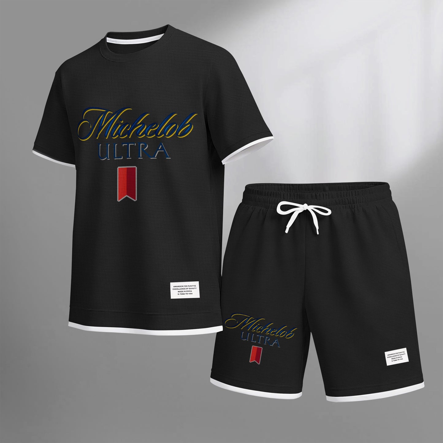 Men's Beer And Beverage Printed Drawstring Shorts Set, Suitable For Spring And Summer Wear, Casual Summer Set, Including Short-Sleeved Shirt And Shorts, Suitable For Everyday Wear And Sports 09