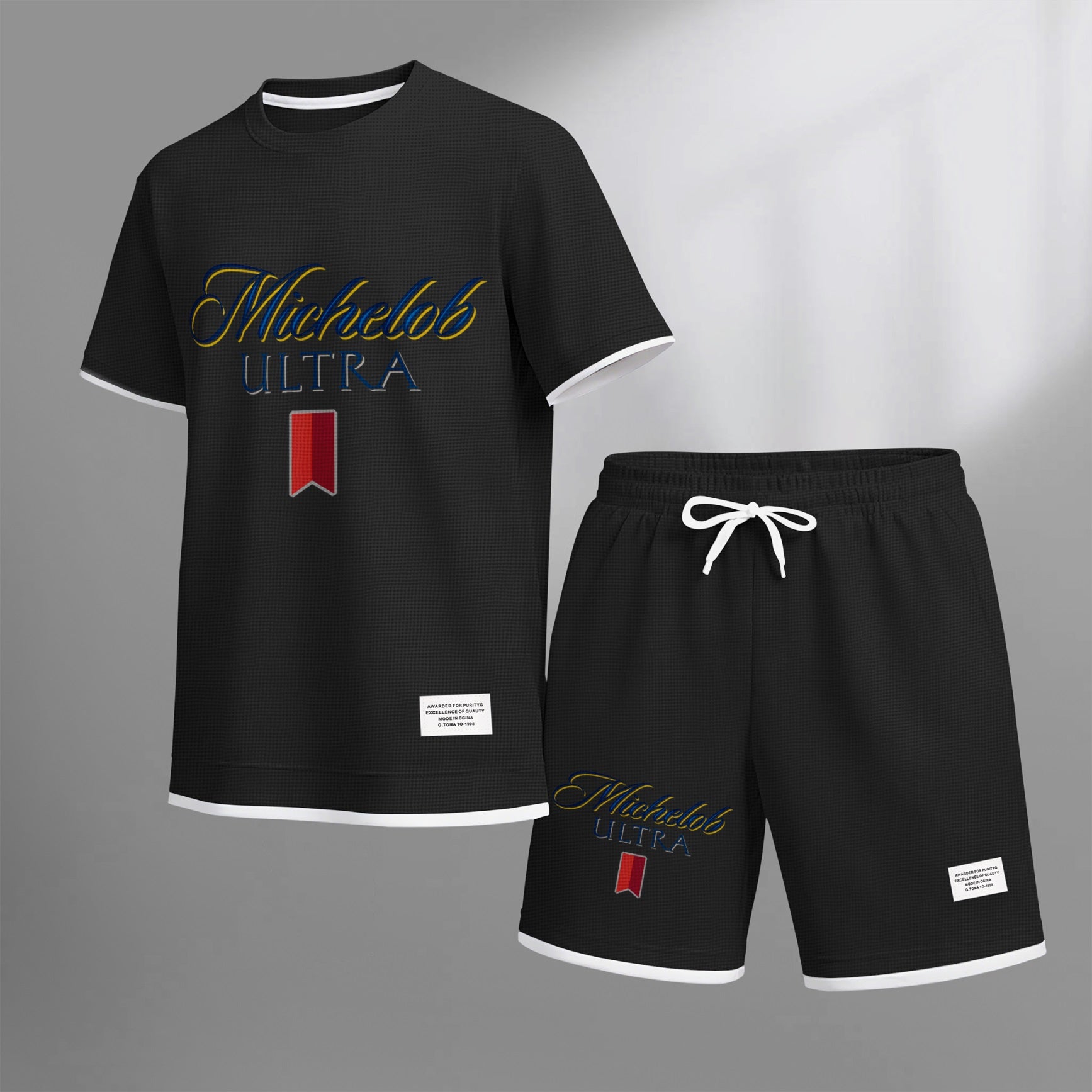Men's Beer And Beverage Printed Drawstring Shorts Set, Suitable For Spring And Summer Wear, Casual Summer Set, Including Short-Sleeved Shirt And Shorts, Suitable For Everyday Wear And Sports 09