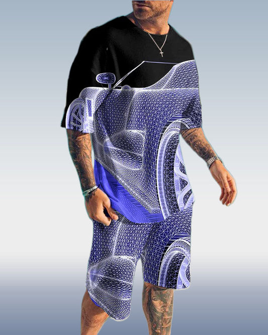 Men's Fashion 3D Printing Short Sleeve Two-Piece Suit