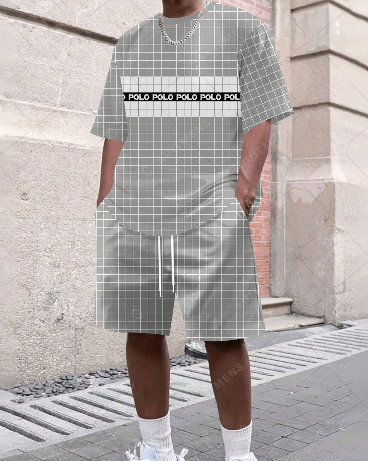 Men's Summer Colorblock Grid Print Crew Neck Suit 042