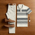 Men's Casual Grey Stripes Printed Polo Shirt And Pants Two-Piece Set