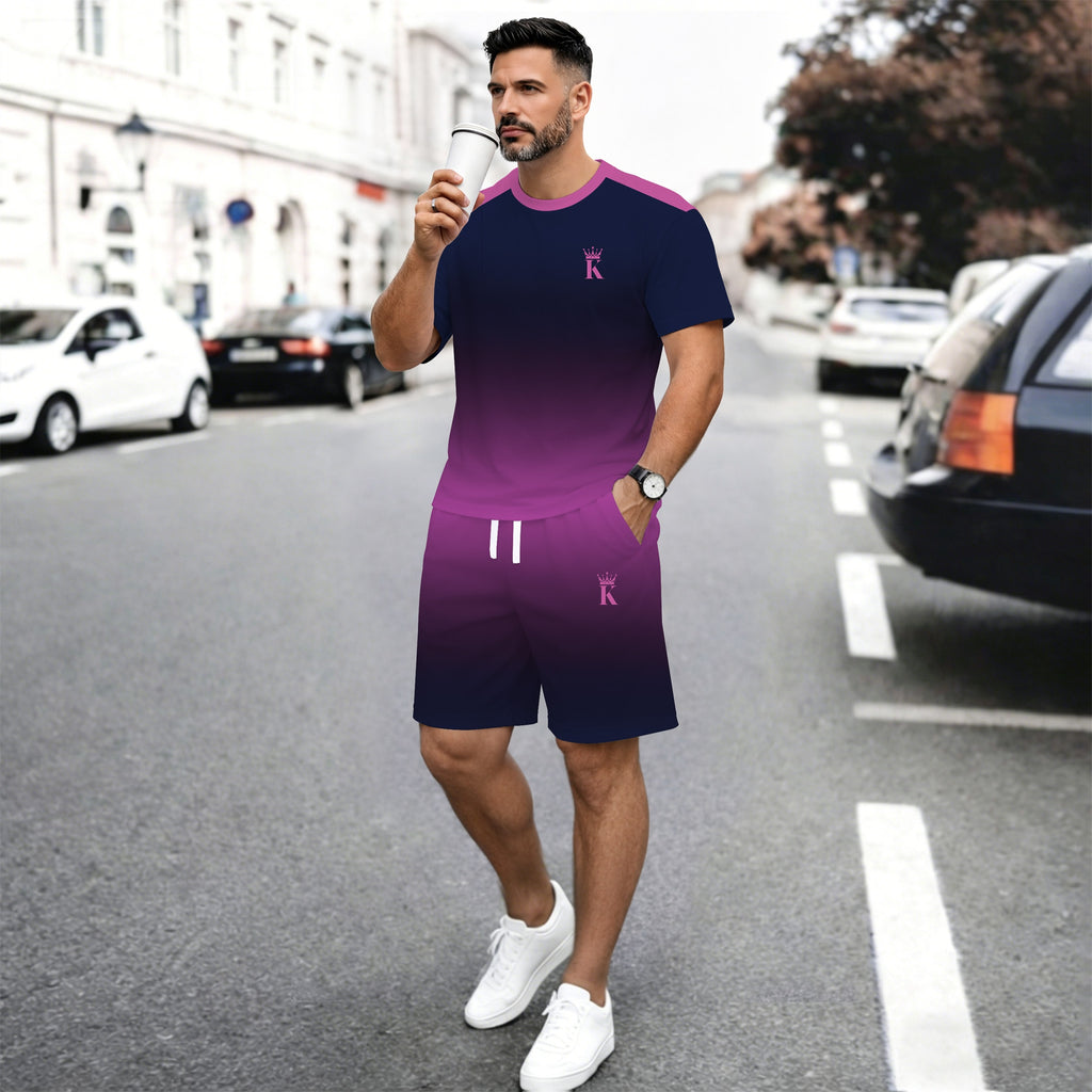 Men’s Gradient 2 Piece Shorts Set, Short Sleeve Crew Neck T Shirt and Drawstring Shorts Matching Outfit, Lightweight Breathable Casual Summer Set for Streetwear, Vacation, Travel, Gym, Outdoor Activities, and Daily Wear