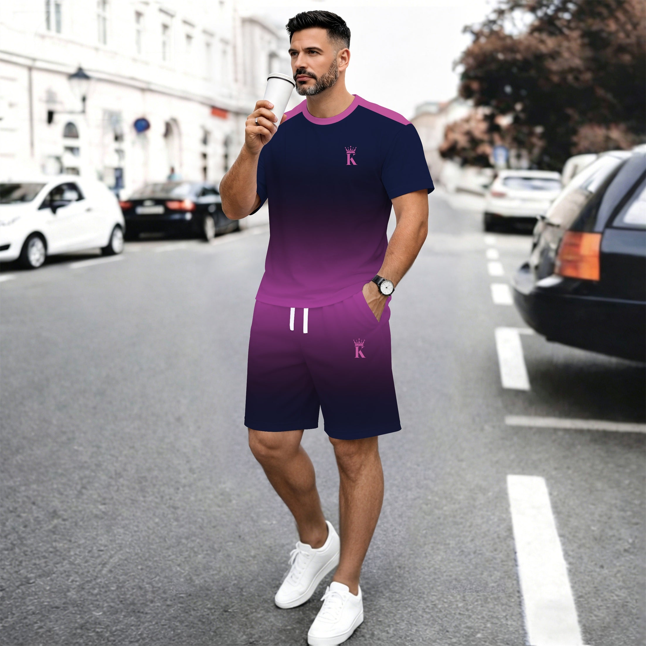 Men’s Gradient 2 Piece Shorts Set, Short Sleeve Crew Neck T Shirt and Drawstring Shorts Matching Outfit, Lightweight Breathable Casual Summer Set for Streetwear, Vacation, Travel, Gym, Outdoor Activities, and Daily Wear