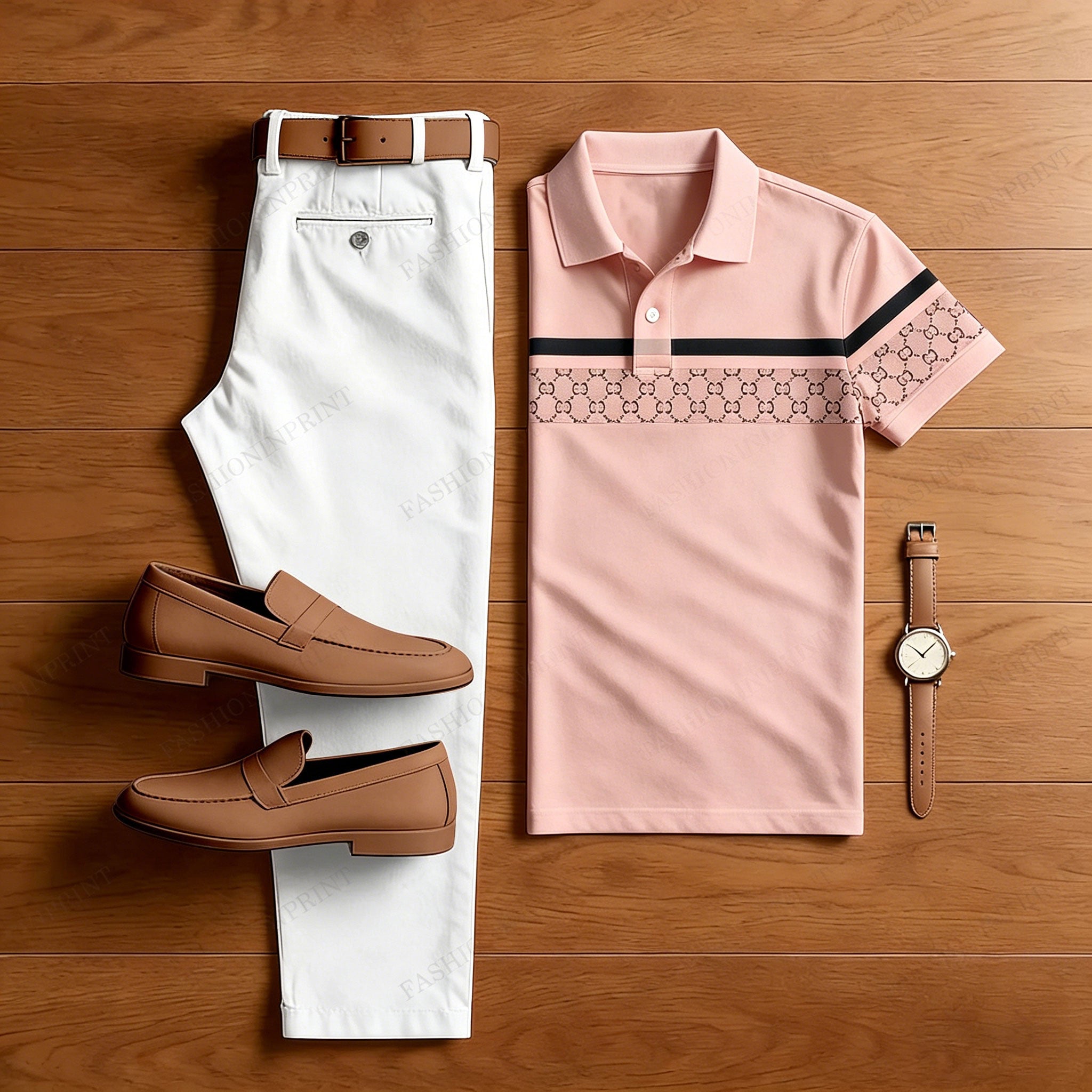 Men's Casual Pink Plaid Printed Polo Shirt And Pants Two-Piece Set