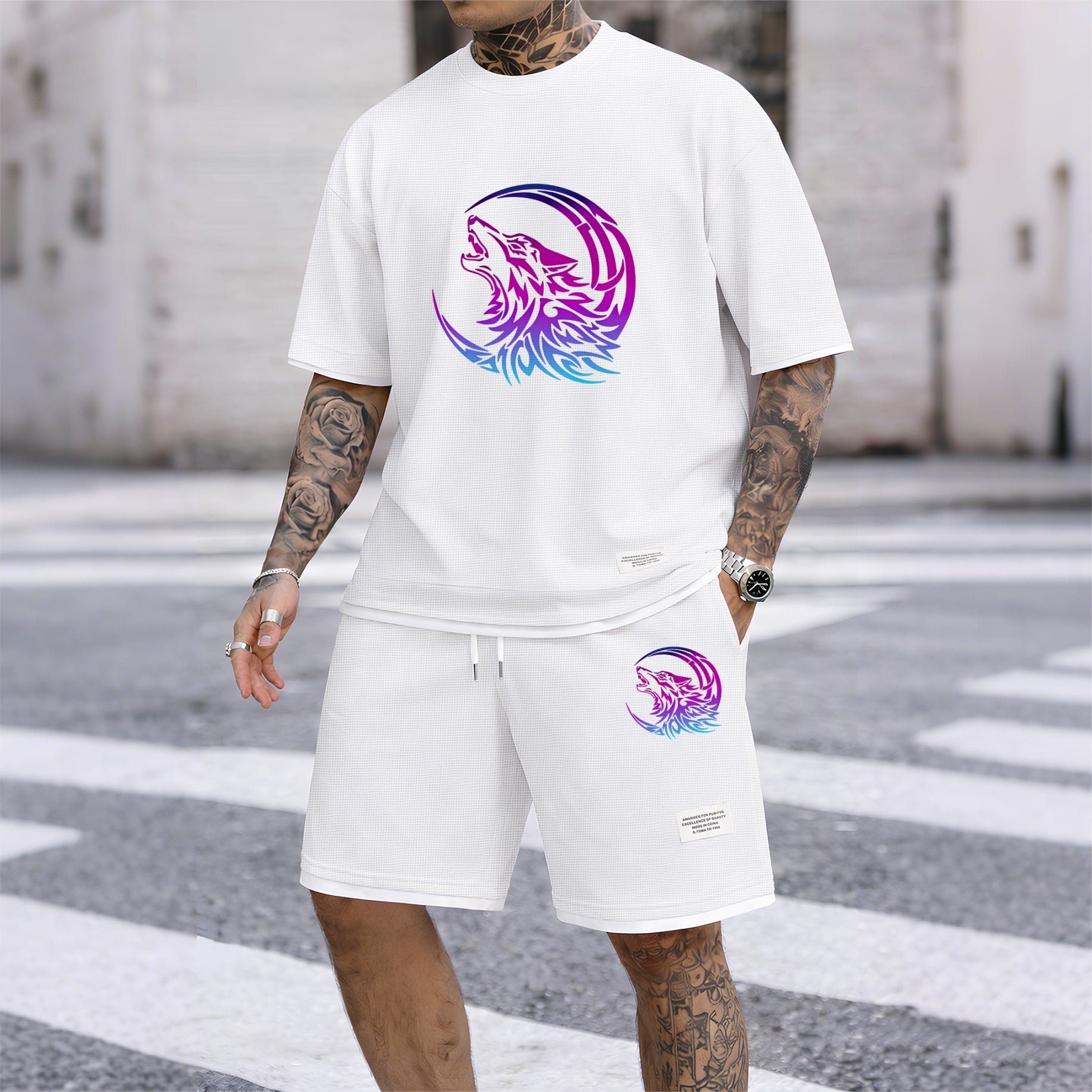 Men's Gradient Wolf & Moon Graphic Print Waffle Short Sleeve T-Shirt & Shorts Set, Summer Lightweight Sporty Casual Two-Piece Outfit, Streetwear for Gym & Daily Wear