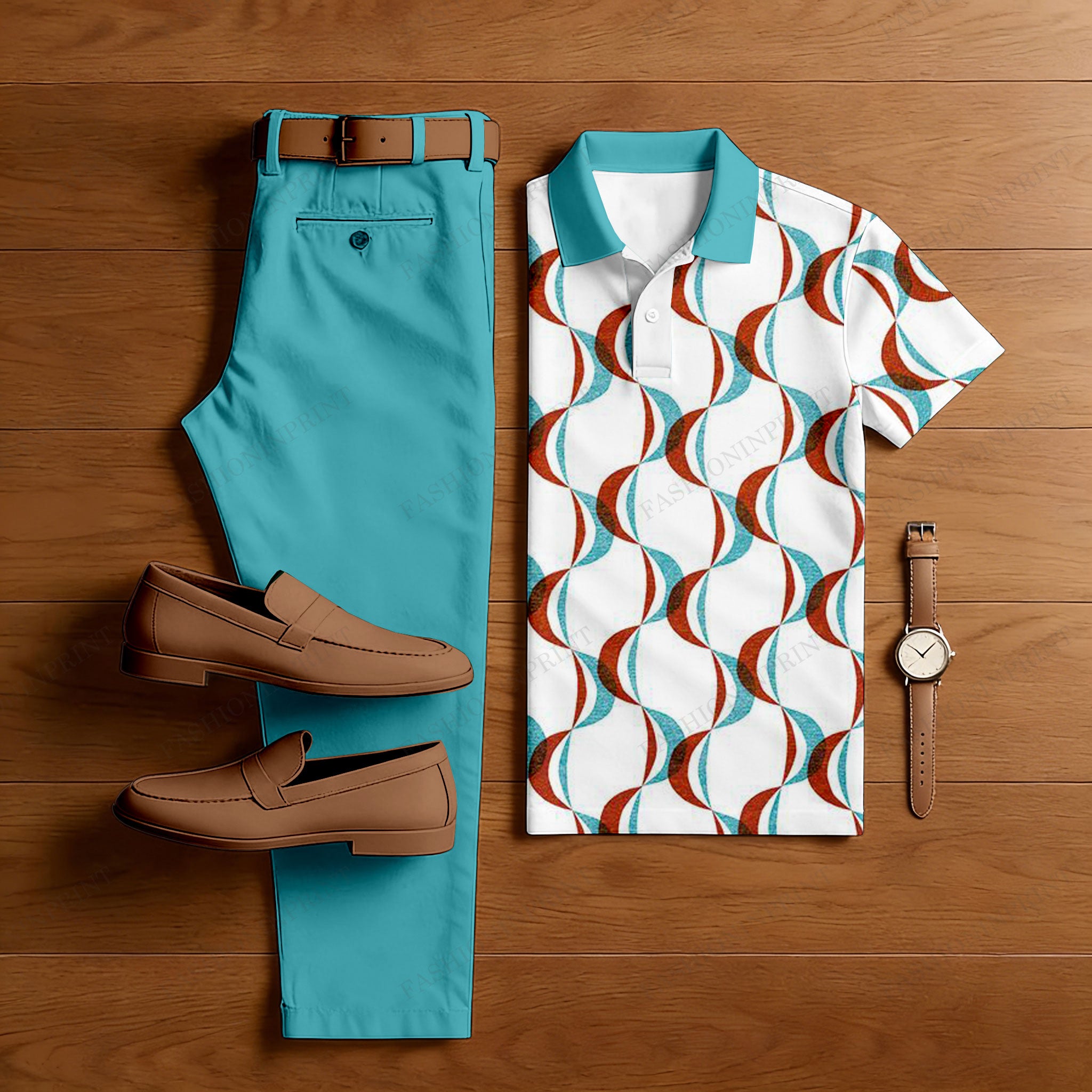 Men's Casual White Printed Polo Shirt And Pants Two-Piece Set