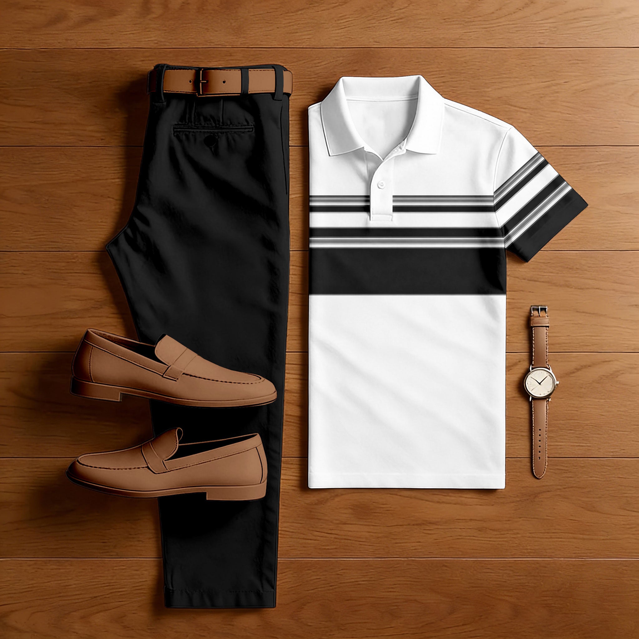 Men's Casual Black & White Geometry Printed Polo Shirt And Pants Two-Piece Set